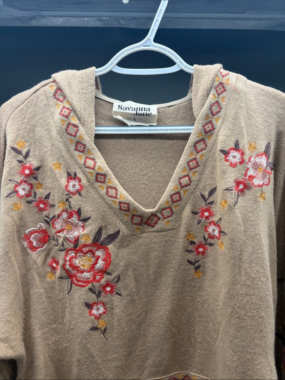 Savanna Jane Tan V-Neck Sweater Hoodie with Red & Yellow Floral Embroidery